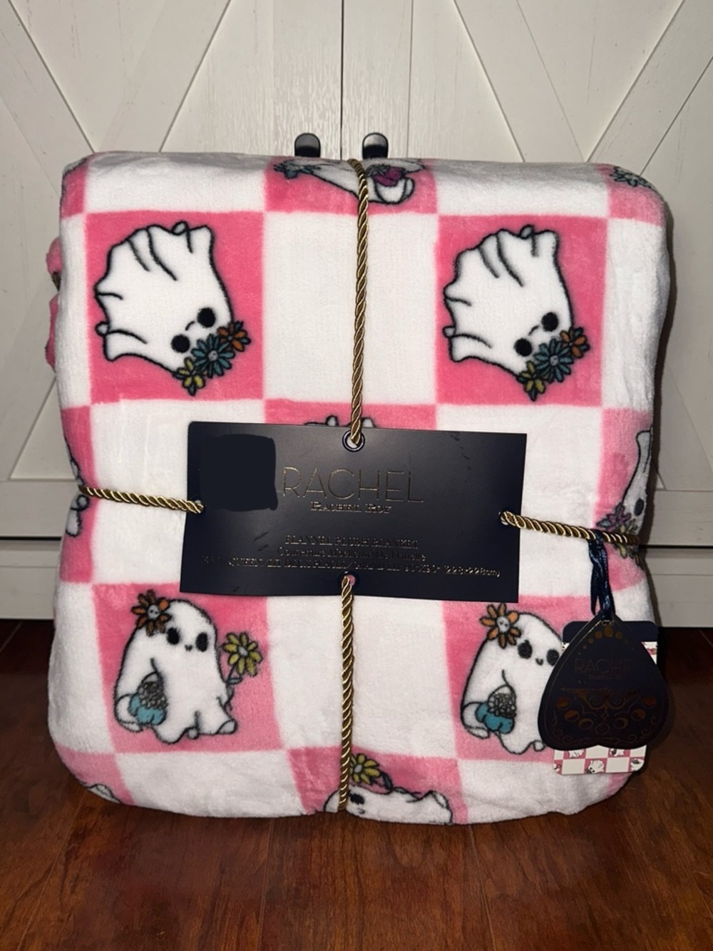 Rachel Roy Checkered Floral Hippy Ghost Queen Plush Throw Blanket